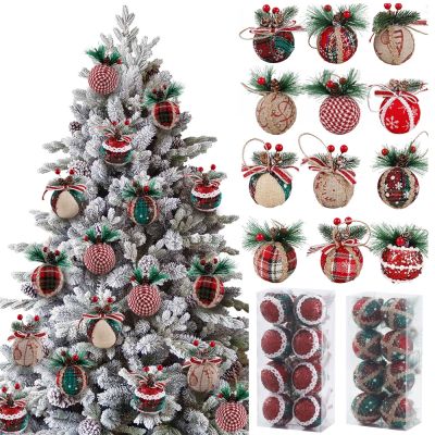 1/4pcs 6cm Red Plaid Christmas Ball Wrapped Cloth Artificial Pinecone Foam Ball Christmas Decor Home Xmas Tree Hanging Pendants