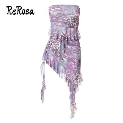 Rerosa ชุดสูทกระโปรงสั้น แขนกุด เอวต่ํา พิมพ์ลาย ทรงไม่สมมาตร สําหรับผู้หญิง