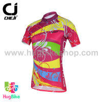 เสื้อจักรยานผู้หญิงแขนสั้น CheJi สีชมพูลายเหลือง