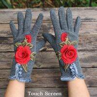 Punk Cotton Driving Fingerless Gloves For Women Gloves Winter Touch Screen Flowers Embroidery Gloves Autumn Winter