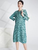 Miyake fold dress v-neck loose long-sleeved printing temperament elegant long skirt joker in summer