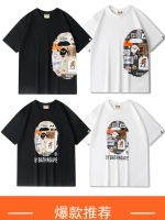 เสื้อยืดแขนสั้นพิมพ์ลายตัวอักษร Bape หัวก้ญี่ปุ่น,เสื้อยืดคู่รักผ้าฝ้ายบริสุทธิ์แขนแขนสั้นคอกลมเสื้อยืดผู้ชายและผู้หญิง