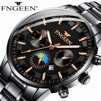 FNGEEN Quartz Wristwatches Men Fashion Stainless Steel Band Black Dial Mens Watch Waterproof Luminous Hands Relogio Masculino