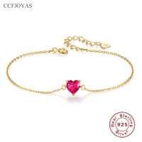 CCFJOYAS 925เงินสเตอร์ลิง14K,สร้อยข้อมือรูปหัวใจแดงเล็กชุบทองสไตล์เรียบง่ายแบบสาวเกาหลีสร้อยข้อมือทับทิมสไตล์ญี่ปุ่น