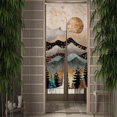 Fashion 2023 Tirai panoorin of Nordic ink mountain curtain painting kitchen room partition Japanese curtain door entry hanging half curtain