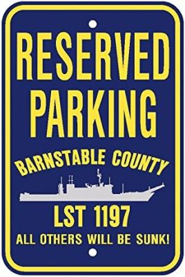 USS เขต BARNSTABLE LST สัญลักษณ์จอดรถอลูมิเนียมสีน้ำเงินเหลือง X