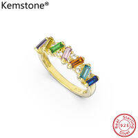 Kemstone แหวนเงิน925หลากสี4A แหวนเพทายสี่เหลี่ยมสำหรับผู้หญิงชุบทองสำหรับเป็นของขวัญเครื่องประดับของผู้หญิง