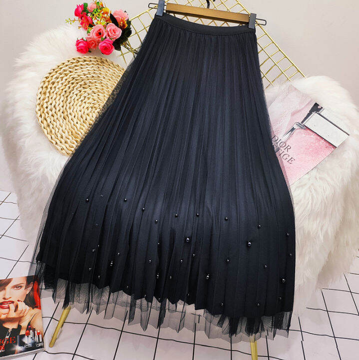 both-sides-wear-pearls-mesh-tutu-skirt-women-summer-velvet-high-waist-long-skirts-woman-solid-color-a-line-pleated-skirts