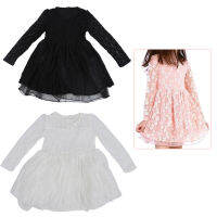 D9Spring Autumn Girls Lace Princess Dress Hollow Flower Long-sleeved Dresses Girls Clothes Black 140CM