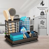 Metal Kitchen Sink Caddy Sponge Holder with Drainer Counter Organizer Shelf Black Dishcloth Hanger Brush Storage Drying Rack