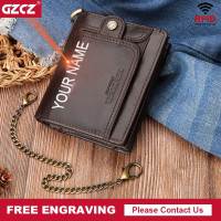 ZZOOI Genuine Leather Men Wallet RFID Classic Short Card Holder Chain Man Purse High Quality Male Bifold Clutch Money Bag Carteiras