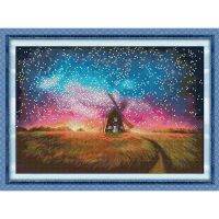 （Jinxiu cross-stitch）กังหันลมและทิวทัศน์ Renderset Aida 14CT 11CTPrinted ผ้าเย็บปักถักร้อย