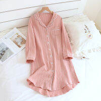 Long-sleeved Womens Nightgown Plus Size Cotton Mid-length Striped Shirt Night Dress with Button Sleepwear Women Home Nightdress