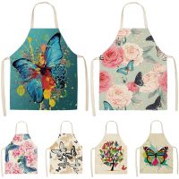 Butterfly Printed Pattern Kitchen Aprons Cotton Linen 53*65cm For Women Home Cooking Cleaning Baking Waist Bibs Pinafore A1016 Aprons