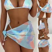 TDS Women Tie-dye Print Bikini Swimwear Beachwear Silk Scarf Mesh Smock Skirt bikini ชุดชั้นในหญิง sexy sale Polyester Blue L