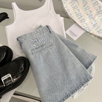 【High Quality】Summer New Light Color High Waist Denim Culottes Fake Two Letter Pleated Skirt Women