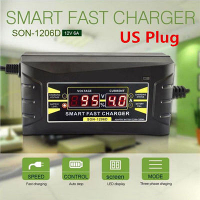 1PC 12V 6A Car Motorcycle Smart Fast Lead-acid Battery Charger LCD Display US Plug Automatically Stop Charging Three-phase Mode