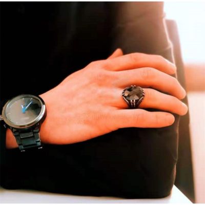 Black Gemstone Vintage Silver Stainless Steel Men Punk Fashion Diamond Rings