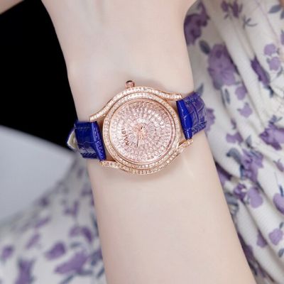 นาฬิกาสตรี Feminino Damski Saati Quartz Rhonestone นาฬิกาข้อมือสีทองกุหลาบหรูหราของผู้หญิงเรียบง่ายสายหนัง2022