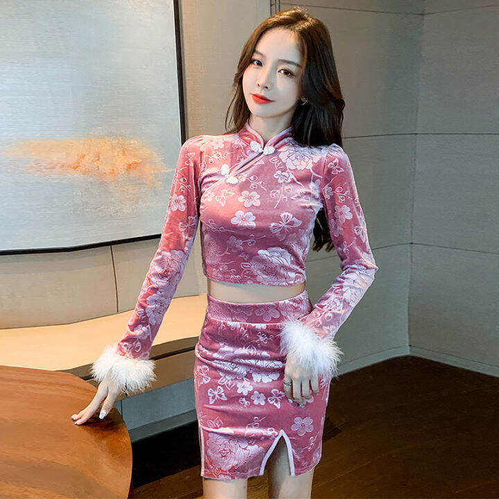 elegant-retro-chinese-style-stand-pink-velvet-shirts-embroidered-long-sleeve-cheongsam-crop-top-mini-jacquard-skirt-autumn-sets