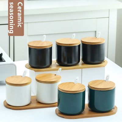 Household Ceramic Seasoning Jar With Wood Cover Kitchen Supplies Seasoning Box Seasoning Can Salt Shaker Condiment Box