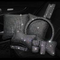 Bling Rhinestones Crystal Car Interior Accessories Diamond Steering Wheel Cover Neck pillows Waist Support Handbrake Shift Set