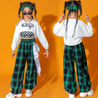 เด็ก Kpop Hip Hop เสื้อผ้าสีขาว Crop Top แขนยาว T เสื้อ TeeStreetwear Checkered กางเกงสำหรับสาวแจ๊สแดนซ์เครื่องแต่งกาย Clothes