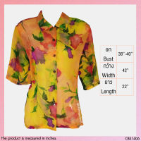 USED - Sheer Yellow Floral Top | เสื้อแขนสั้นสีเหลือง สีชมพู เสื้อซีทรู เสื้อเชิ้ต ลายดอก คอปก ทรงใหญ่ ทำงาน สาวอวบ มือสอง