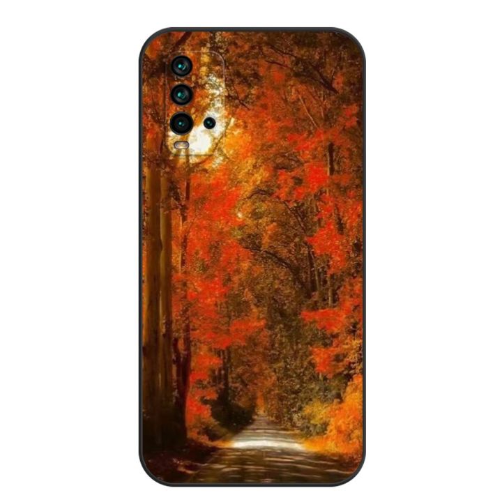 classy-for-xiaomi-redmi-9t-global-case-soft-silicon-back-cover-for-redmi-9t-6-53inch-phone-black-tpu-case-fox-autumn-leaves