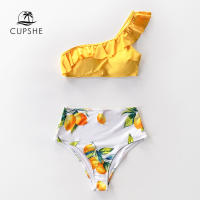 CUPSHE Yellow Lemon Print One Shoulder High-Waisted Bikini Sets y Swimsuit Two Pieces Swimwear Women 2022 Beach Bathing Suits