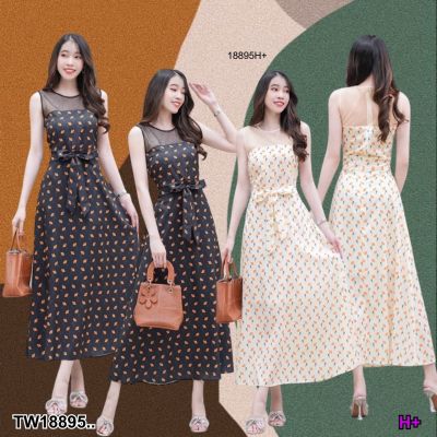 TW18895 Maxi dress แต่งซีทรู ลายดอกเล็ก ..