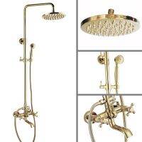 【LZ】❀❧₪  Gold Color Brass Two Cross Alças Wall Mounted Banheiro Rain Shower Cabeça Banheira Torneira Set Telefone Forma Mão Spray mgf382