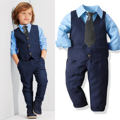 Baby Suit Childrens Suits 4PcsSet Kids Baby Boys Business Suit Solid Shirt+ Pants + Vast + Tie Set For Boys 2-8 Age
