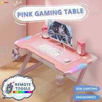 F-Home Shop โต๊ะเล่นเกม สีชมพู เก้าอี้เล่นเกมส์ สีชมพู โต๊ะคอมพิวเตอร์ RGB มีรูปทรงขาZ โต๊ะเกม มีไฟ RGB มีไฟ LEDสวย ไม่แสบตา หน้าโต๊ะหุ้มคาร์บอ