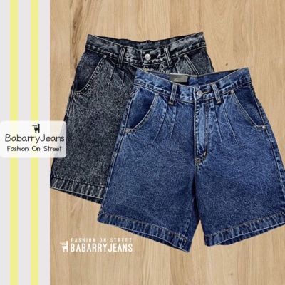 [พร้อมส่ง] BabarryJeans ยีนส์สามส่วน เอวจีบ เอวสูง วินเทจ ผ้ายีนส์ไม่ยืด สียีนส์สโนว/ สีดำสโนว