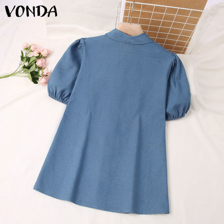 จัดส่งฟรี-fancystyle-vonda-ผู้หญิงสันทนาการอเนกประสงค์พัฟแขนสั้นเสื้อวินเทจหลวมเปิดลงปกท็อปส์-2