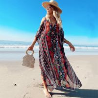 2022 Bohemian Printed V-neck Summer Beach Dress For Women Clothing Plus Size Kaftan Tunic Wear Swim Suit Cover Up Q1352