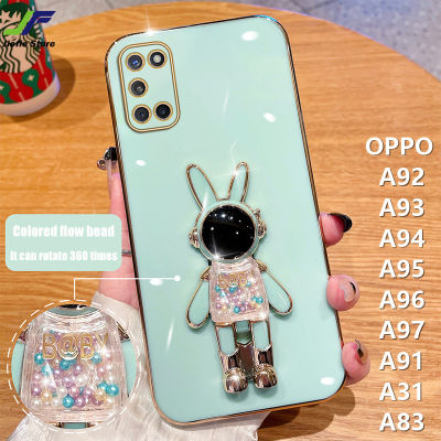 เคสโทรศัพท์ตัวชุบโลหะหรูหรา JieFie OPPO กระต่ายน่ารักสำหรับนักอวกาศของเล่น A92 / A93 / A94 / A95 / A96 / A97 / A91 / A31/A83ฝาครอบโทรศัพท์ TPU นิ่มสี่เหลี่ยม + ขาตั้ง