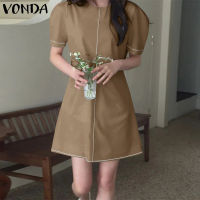 VONDA ผู้หญิงลำลองแขนสั้นเอว A-Line ชุดสั้นฤดูร้อนสีทึบลูกเรือคอชุดสั้น (เกาหลีสาเหตุ)