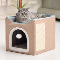 Beds for Indoor Cats - Cave for Pet House with Fluffy Ball Hanging and Scratch Pad, Foldable