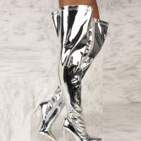 HOT★รองเท้าผู้หญิงกระจกแพลตฟอร์ม Pointy Toe Punk สูงบางส้นสูงเข่าฤดูใบไม้ร่วงฤดูหนาว Zip Silver Casual รองเท้า