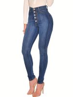 xiaopo High Waist Hip-lifting Denim Jeans, Slim Fitting Slash Pocket Button Plicated Hem Pants, Womens Denim Jeans &amp; Clothing