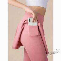 【hot sale】✗►∈ D19 Fake Two Pieces Nude Feeling Slim Yoga Pants High Waist Hip Covering Fitness Pants with Pockets Anti-light Tight Skirt Pants