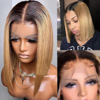 【jw】✟ﺴ Short Ombre Honey Blonde Bob Wig With Baby Hair Straight Human Wigs 13x4 Part