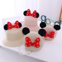 Baby cartoon lovely straw hat with Mouse Ear New summer 2pcs set Sun hats and bags Kid children Beach party Visor cap