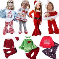 0 6Y Christmas Baby Toddler Girls Santa Claus Clothes Red Velvet Tops Bell Bottoms Hat Sets Kid 39;s Merry Xmas Outfits Costumes