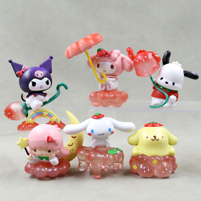 6pcs Sanrio Strawberry Paradise Action Figure Kuromi Melody Cinnamoroll Pochacco Purin Model Dolls Toys For Kids