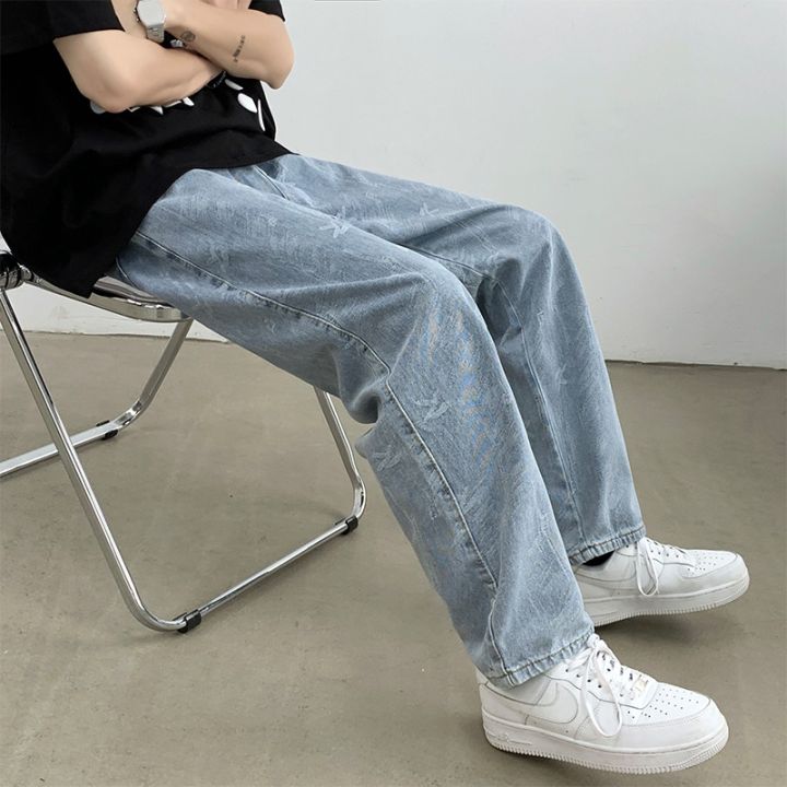 suikone-กางเกงยีนส์-กางเกงยีนส์ผู้ชายฤดูใบไม้ผลิและฤดูใบไม้ร่วงใหม่กางเกงพิมพ์เกาหลีแนวโน้มกางเกงหลวมสบายๆ