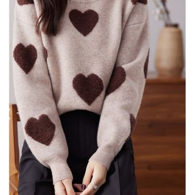 ZARAˉ Za 2023 New 100 Pure Wool Round Neck Heart Knit Sweater Korean Style Sweater Lazy Wind Sweater