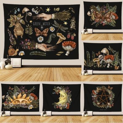 Mystery Vintage Tarot Mushroom Tapestry Wall Hanging Witch Hand Mural Botanical Butterfly Sun and Moon Hippie Aesthetic Tapestry Tapestries Hangings